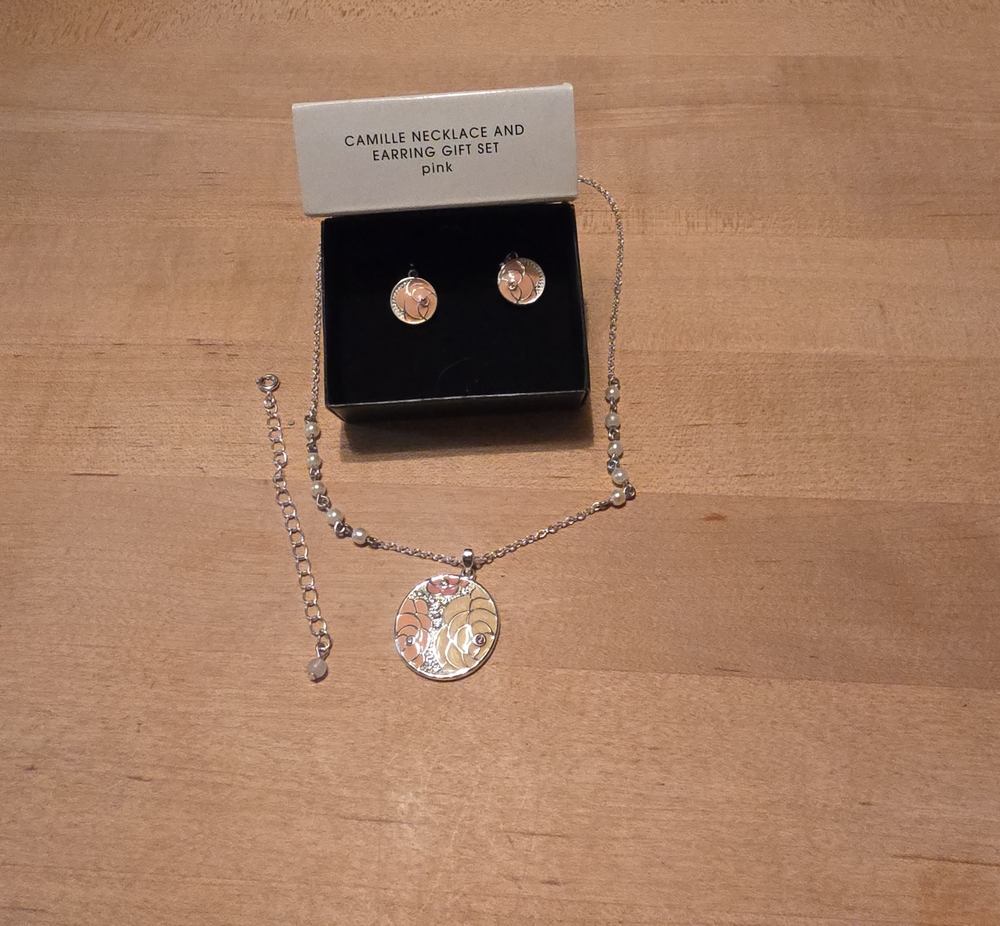 Avon Silver-Tone Pink Floral Pendant Necklace and Stud Earrings